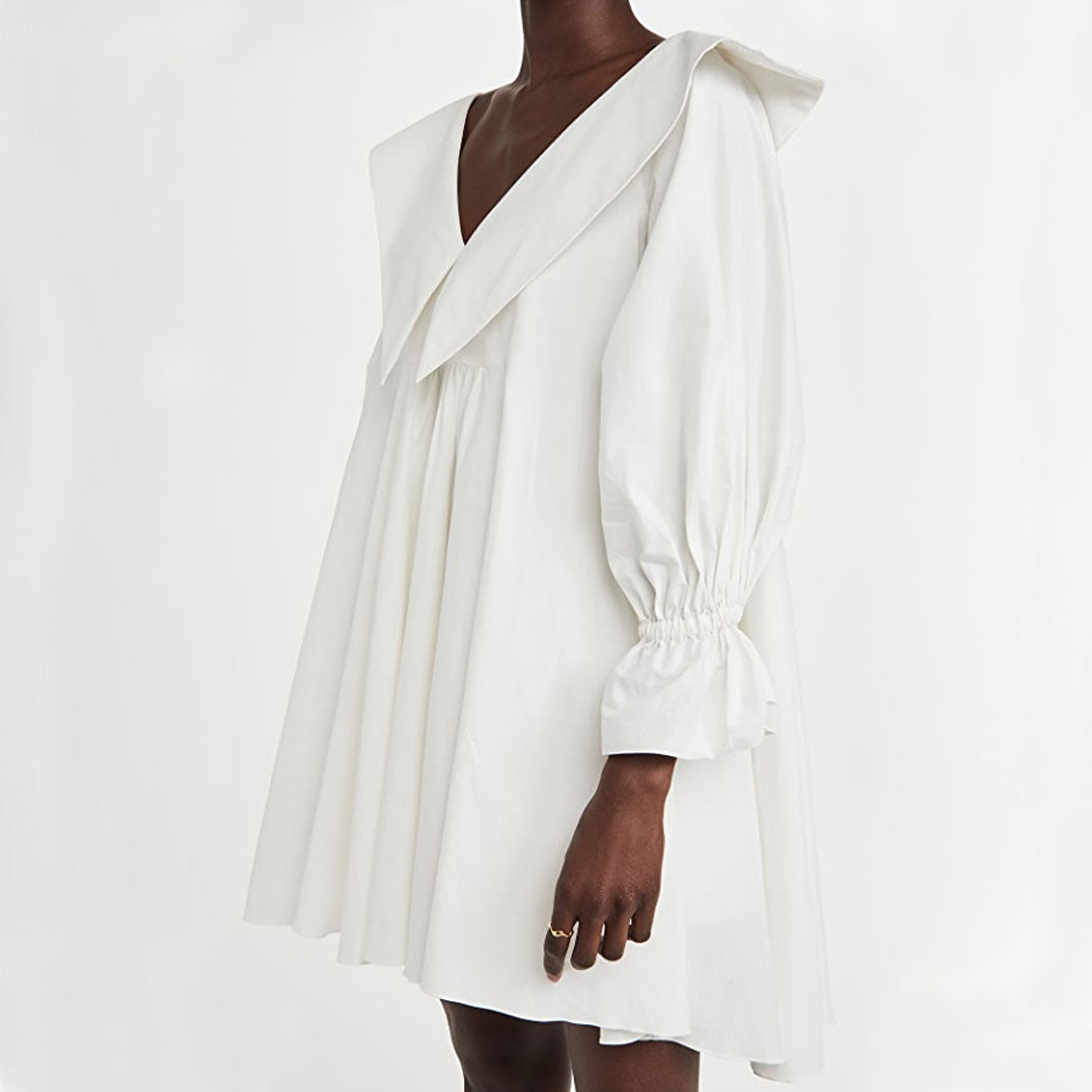 White Oversized Collar V-Neck Balloon Sleeve Babydoll Swing Mini Dress