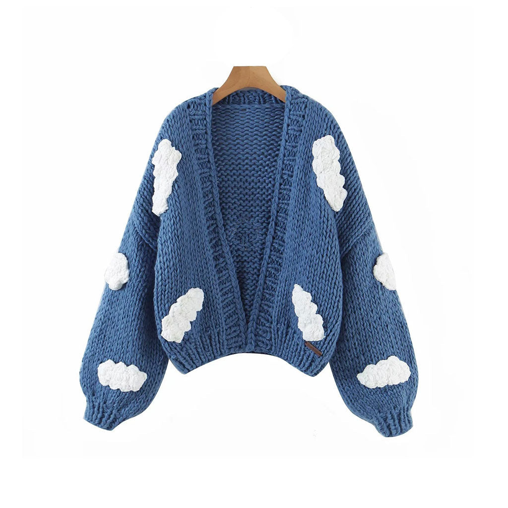 Blue Open Front Bishop Sleeve Cloud Applique Chunky Knit Cardigan