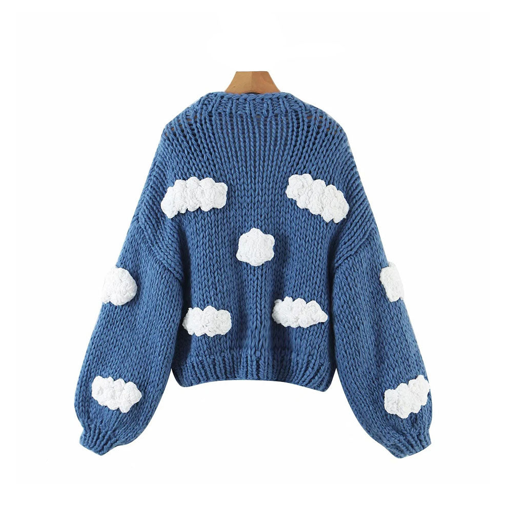 Blue Open Front Bishop Sleeve Cloud Applique Chunky Knit Cardigan