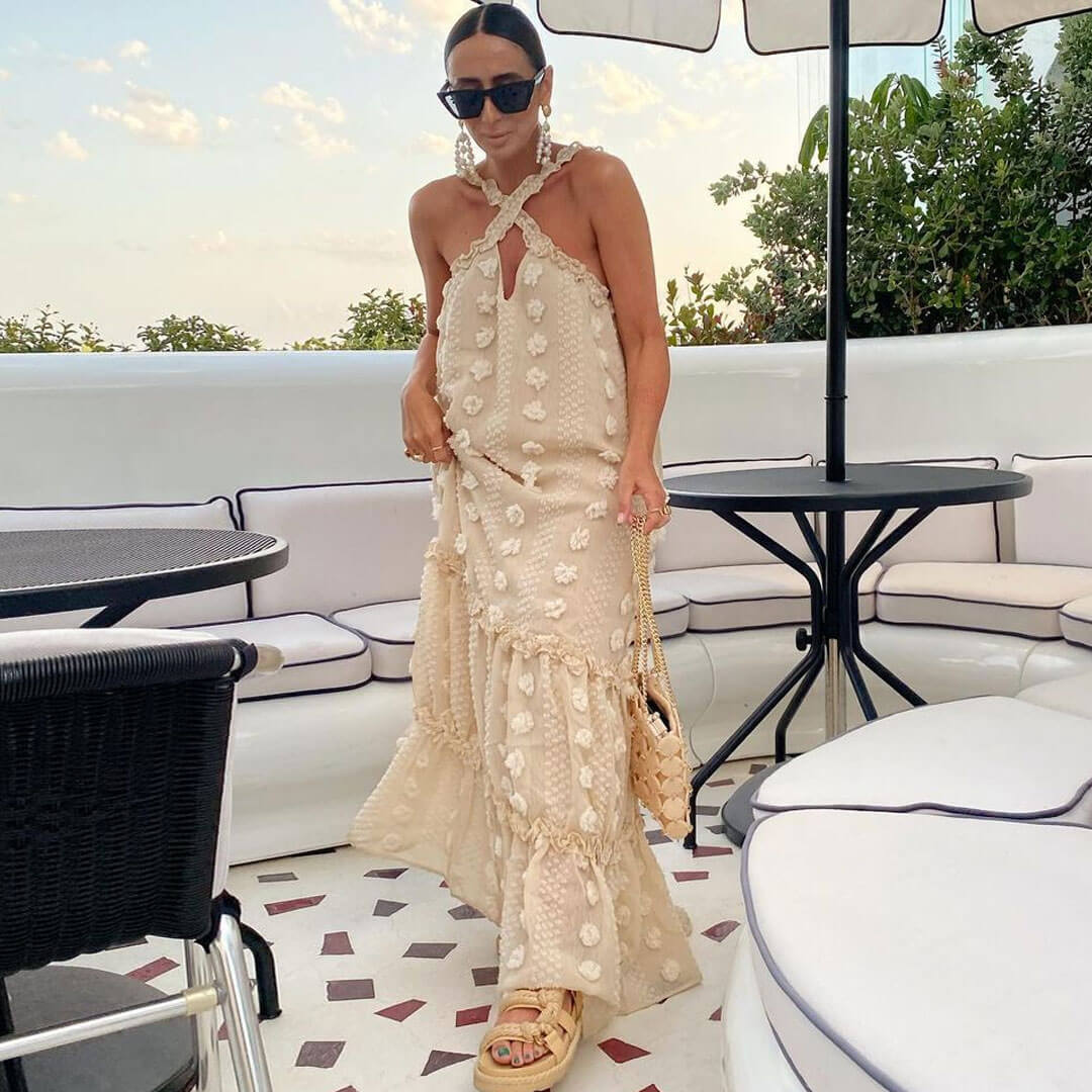 Beige Halter Neck Floral Applique Textured Tiered A-Line Maxi Dress