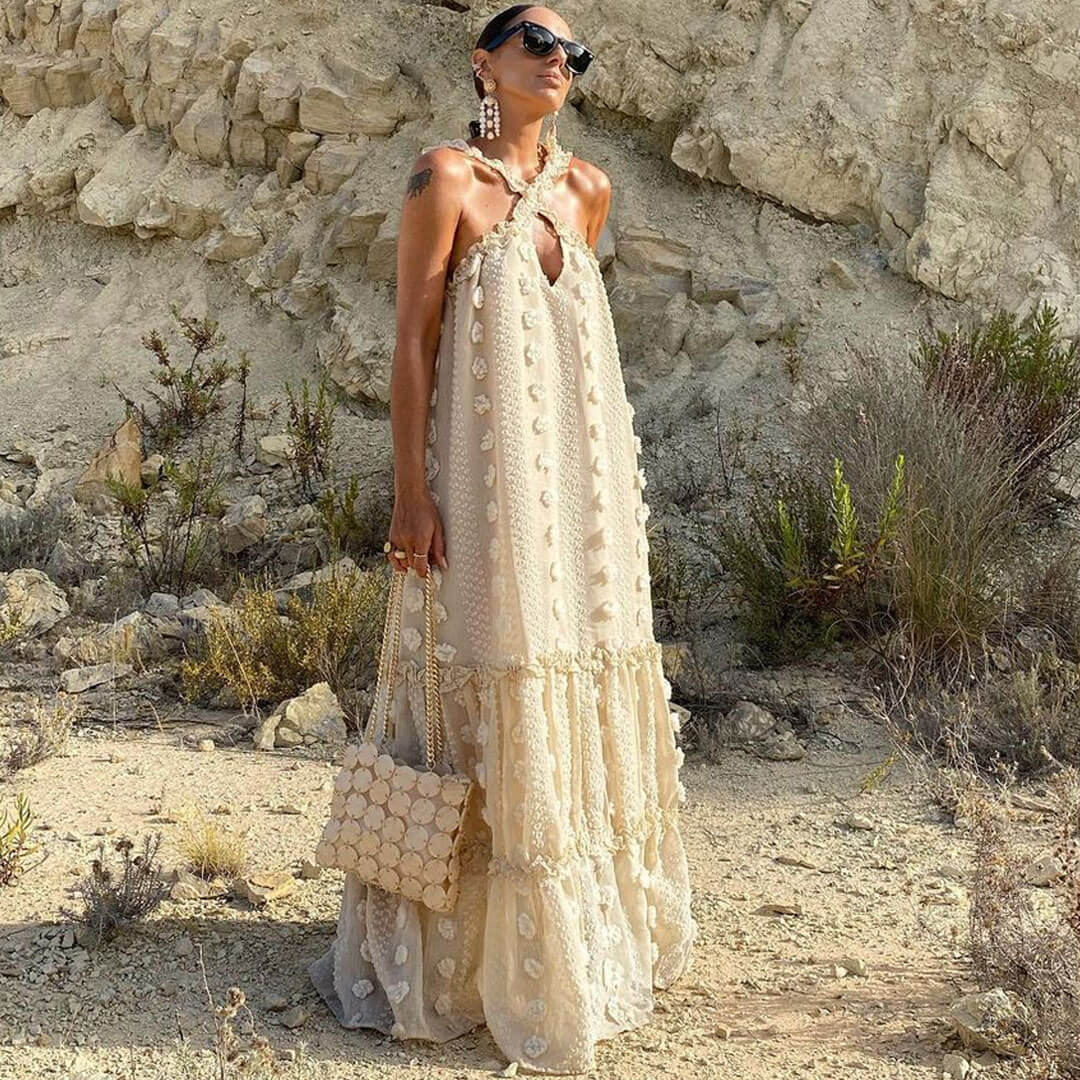 Beige Halter Neck Floral Applique Textured Tiered A-Line Maxi Dress