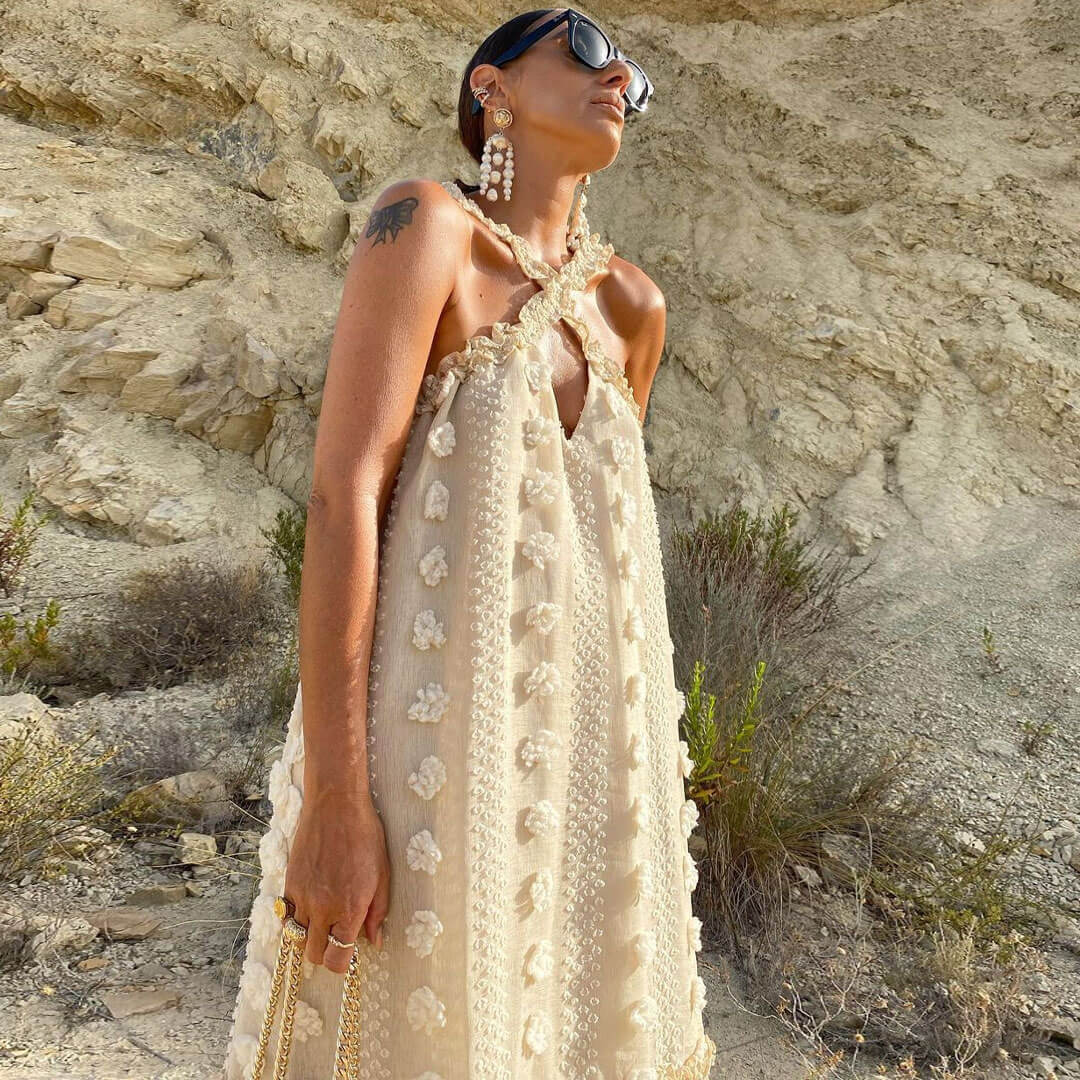 Beige Halter Neck Floral Applique Textured Tiered A-Line Maxi Dress