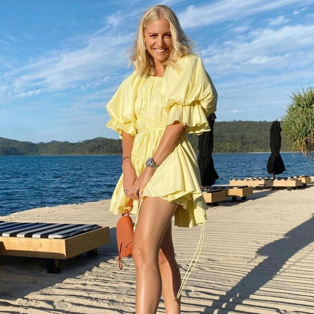 Yellow Puff Sleeve Drawstring Waist Ruffle Hem Babydoll Mini Dress