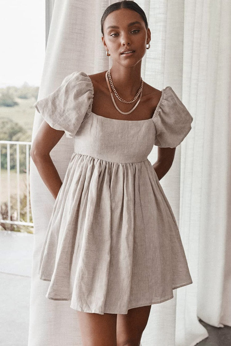 Khaki Square Neck Puff Sleeve Linen Babydoll Mini Dress