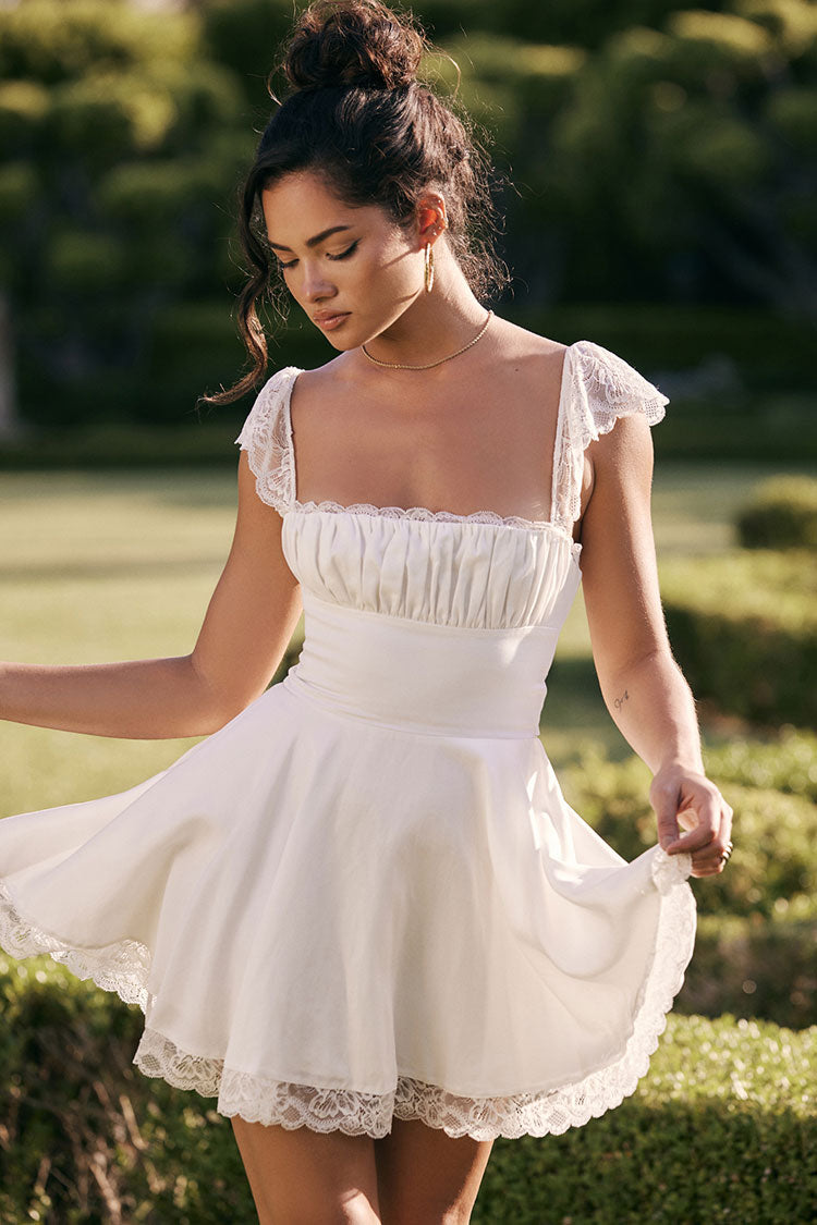 White Square Neck Lace Cap Sleeve Ruched Fit And Flare Mini Dress 4