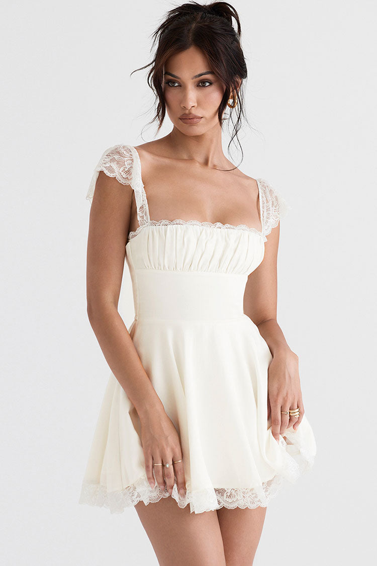 White Square Neck Lace Cap Sleeve Ruched Fit And Flare Mini Dress 2