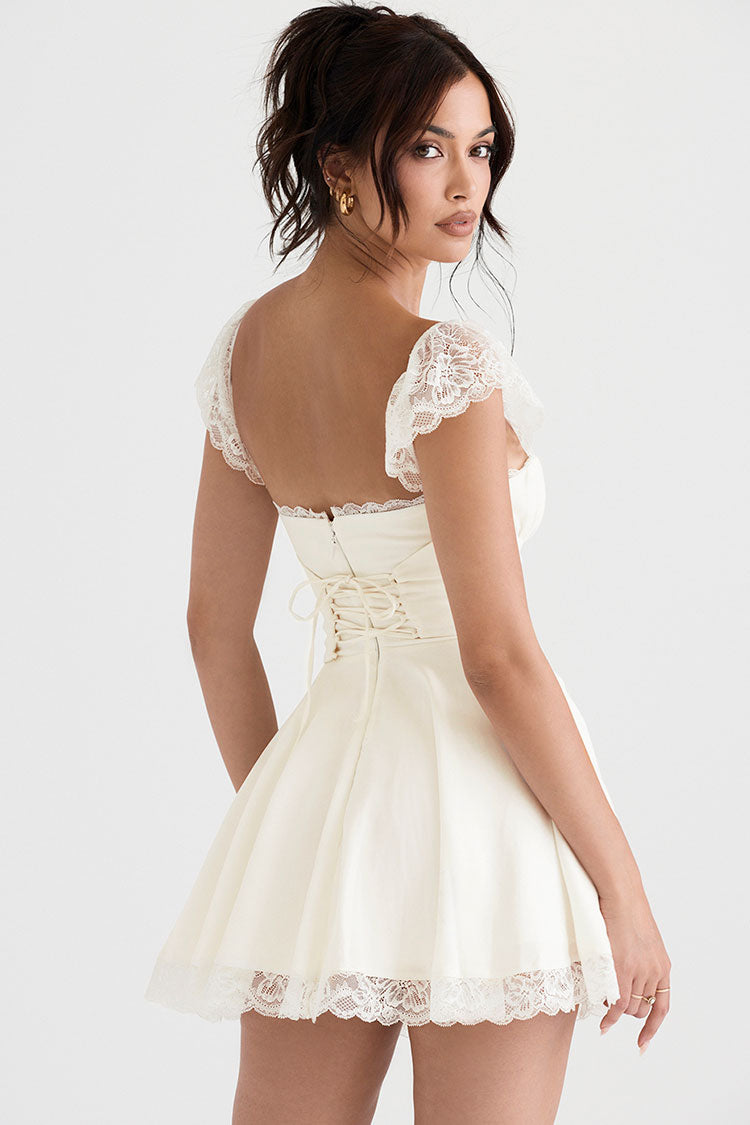 White Square Neck Lace Cap Sleeve Ruched Fit And Flare Mini Dress 3