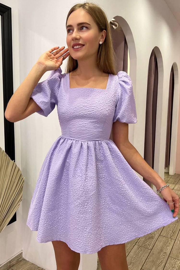 Lilac Square Neck Puff Sleeve Lace Up Back Textured Skater Mini Dress