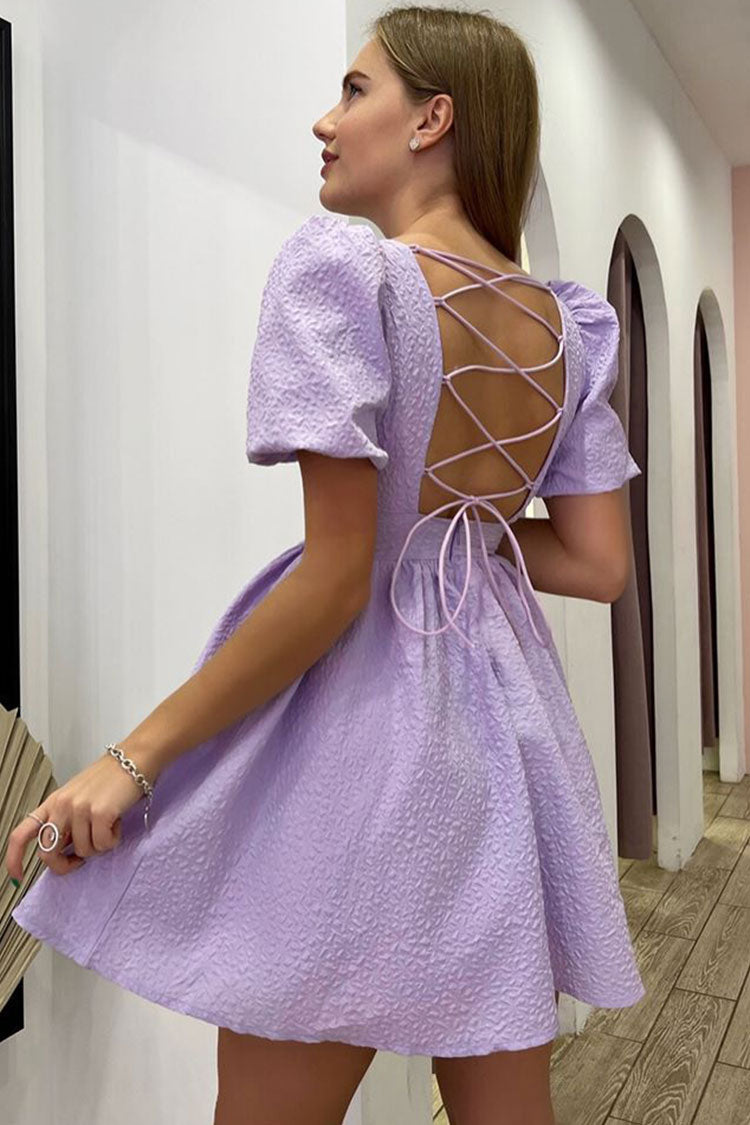 Lilac Square Neck Puff Sleeve Lace Up Back Textured Skater Mini Dress