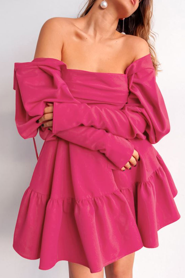Hot Pink Off-Shoulder Square Neck Puff Sleeve Tiered Ruffle Flare Mini Dress