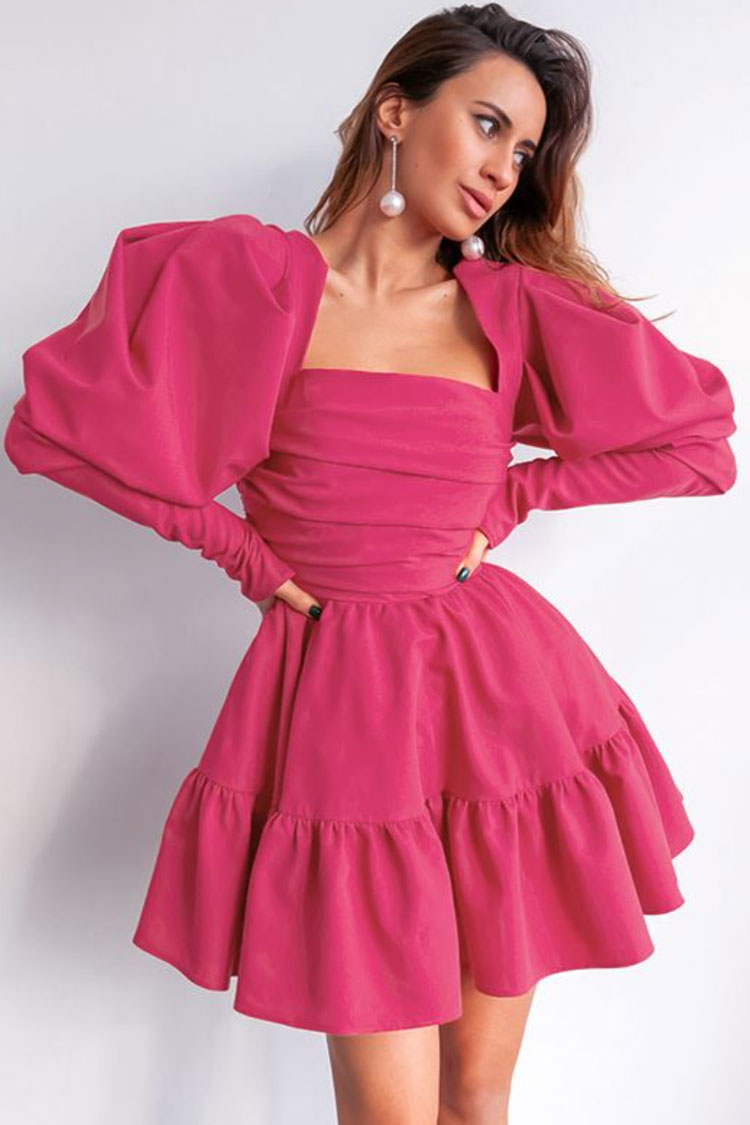 Hot Pink Off-Shoulder Square Neck Puff Sleeve Tiered Ruffle Flare Mini Dress 2