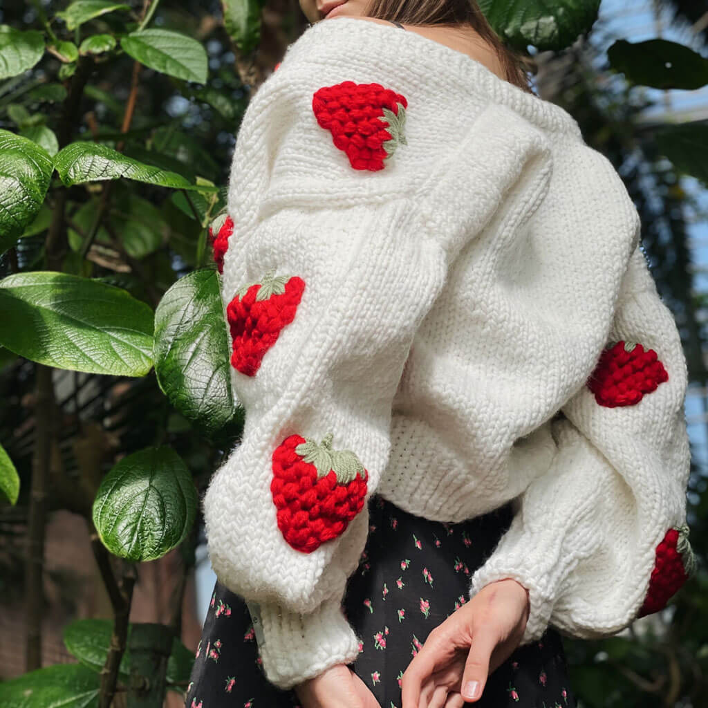 White V-Neck Strawberry Embroidered Knit Button Up Cropped Cardigan