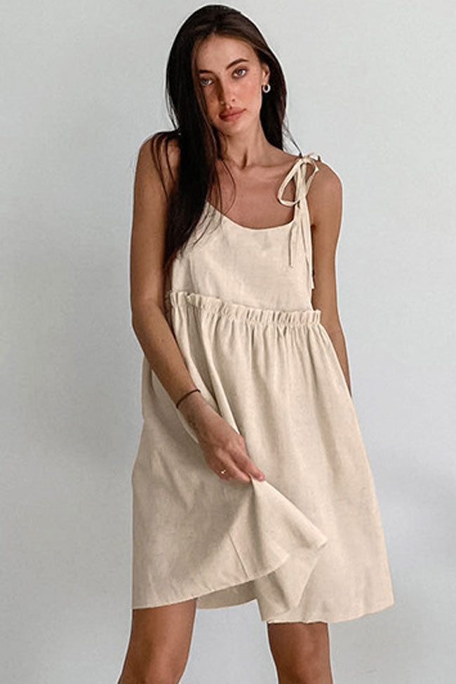 Khaki Scoop Neck Tie Strap Empire Waist Linen Babydoll Mini Dress