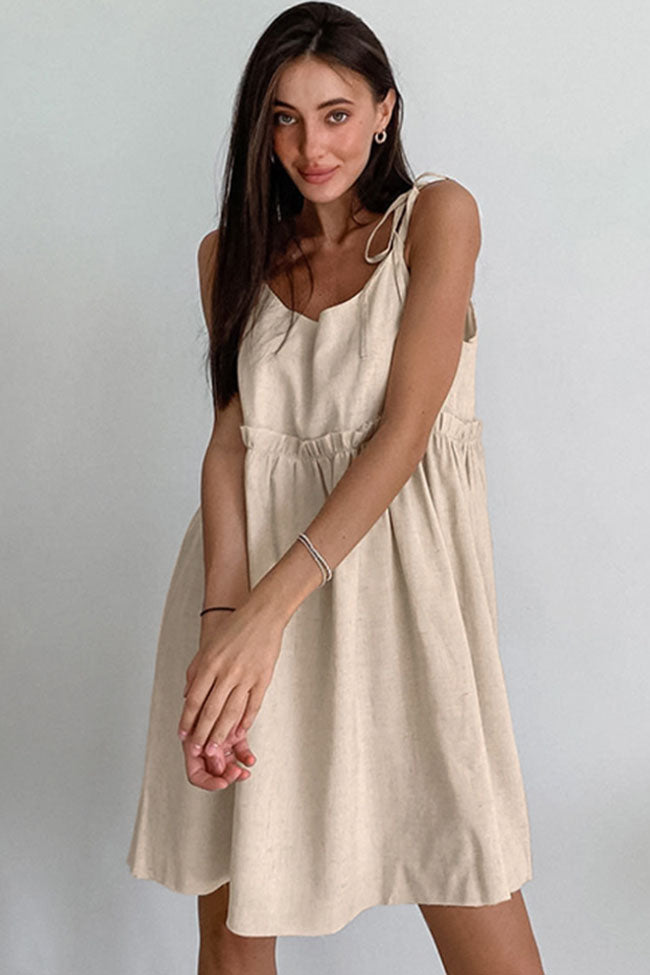 Khaki Scoop Neck Tie Strap Empire Waist Linen Babydoll Mini Dress 2