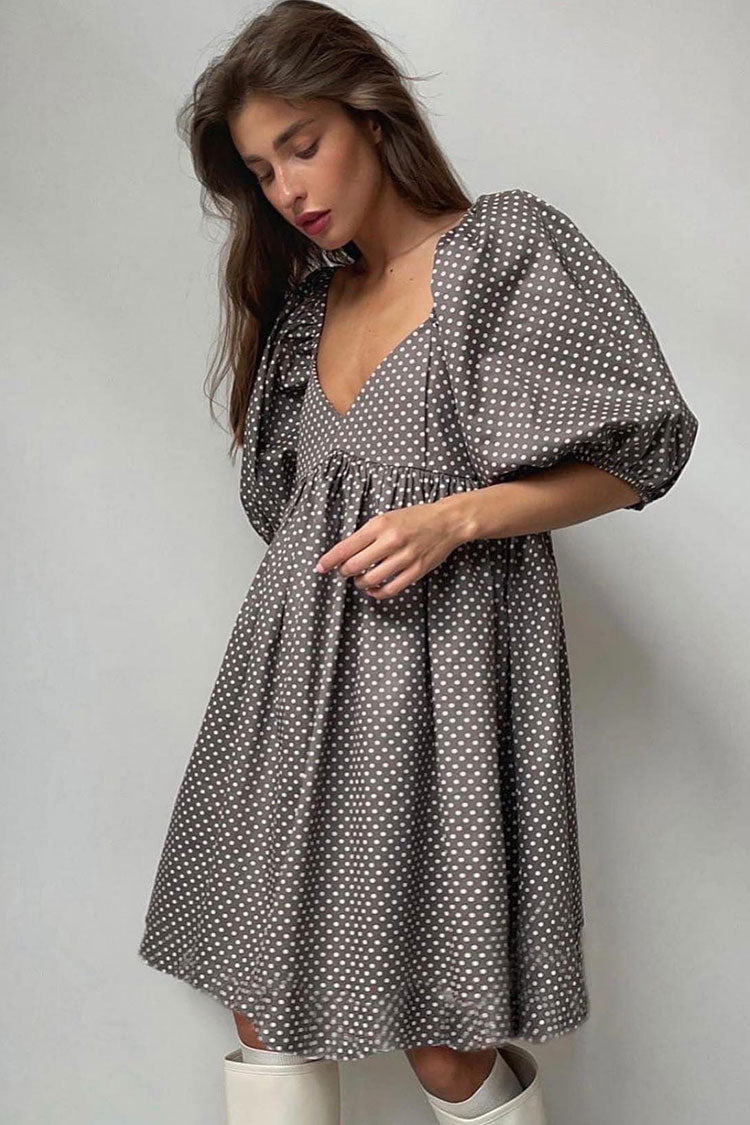 Brown Sweetheart Neck Puff Sleeve Polka Dot Lace Trim Babydoll Mini Dress