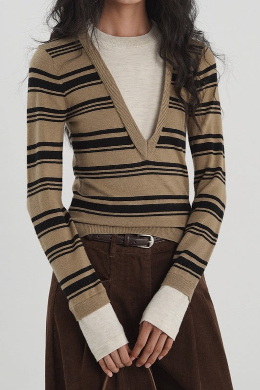Striped Contrast Panel Deep VNeck Knit Top