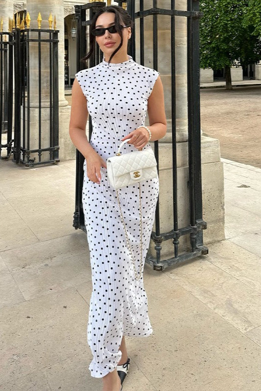 White Polka Dot Round Neck Maxi Dress