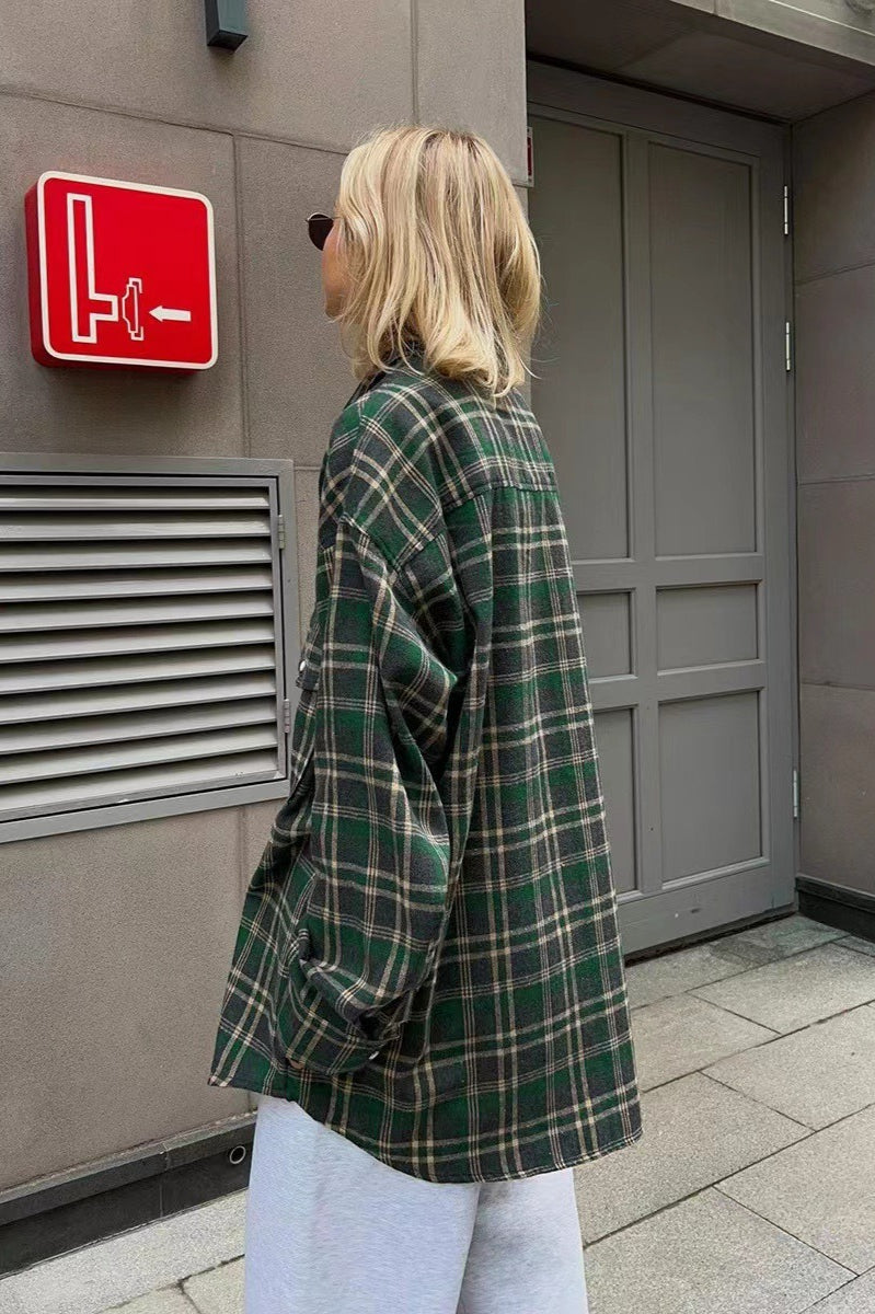 Vintage American Plaid Double-Pocket Mid-Length Blouse