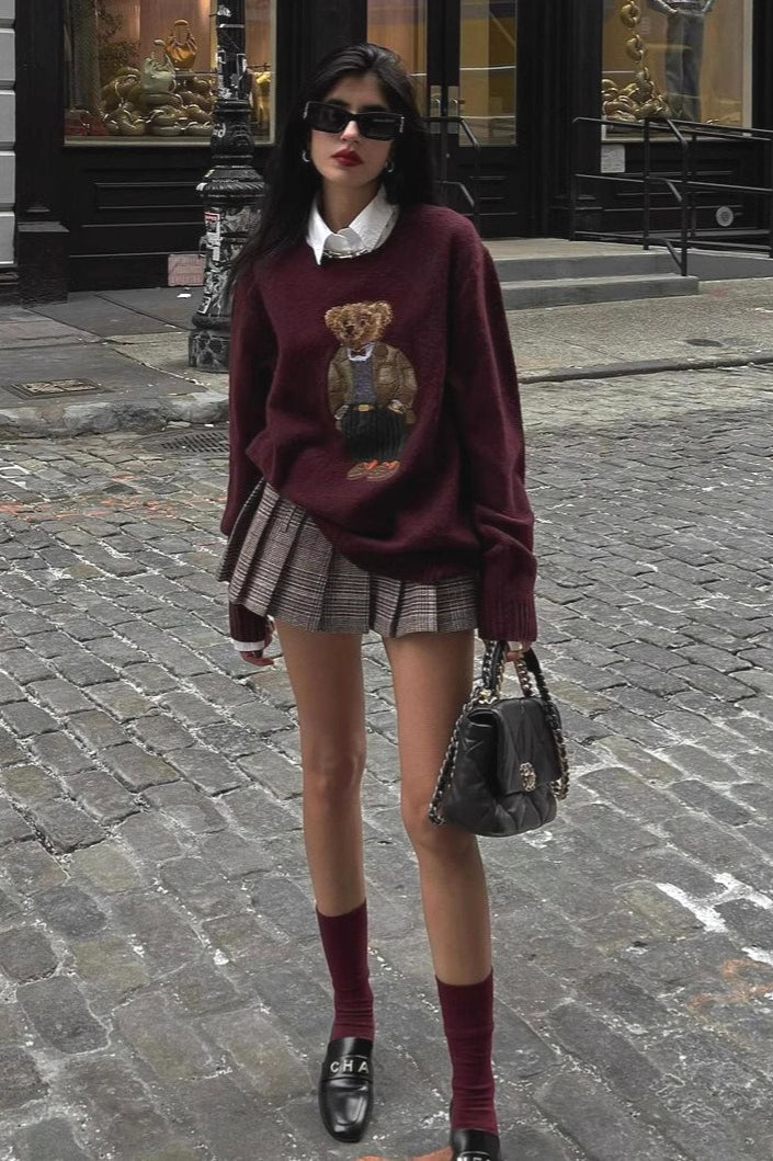 Retro Bear Embroidered Slim Knit Sweater