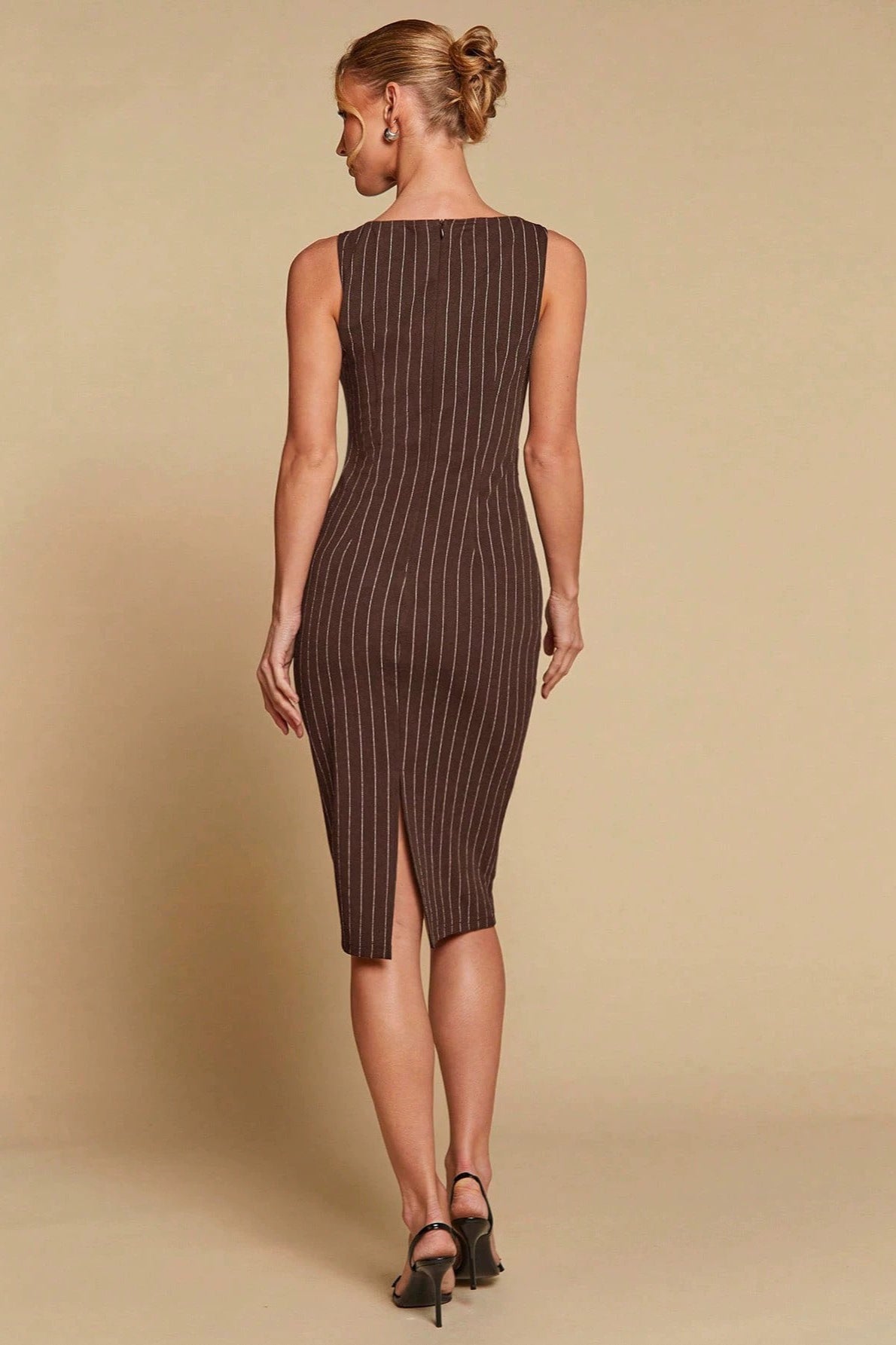 Striped Slit Waist Cinched Sleeveless Work Dress