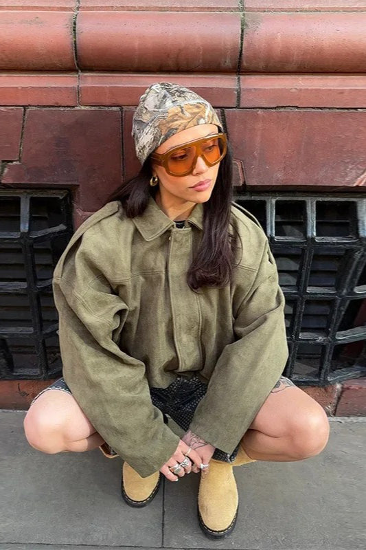 Shoulder-Buttoned Waist-Cinched Bomber Jacket