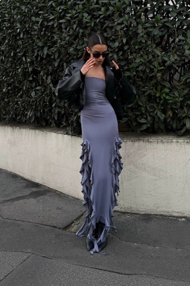 Strapless Ruched Ruffle Trim High Slit Midi Dress 11