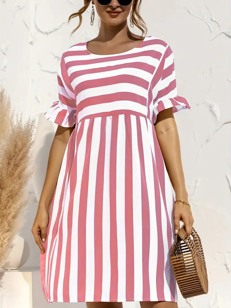 Navy Striped Summer Dress With Short Sleeves M / Pink Navy Blue Striped Dress