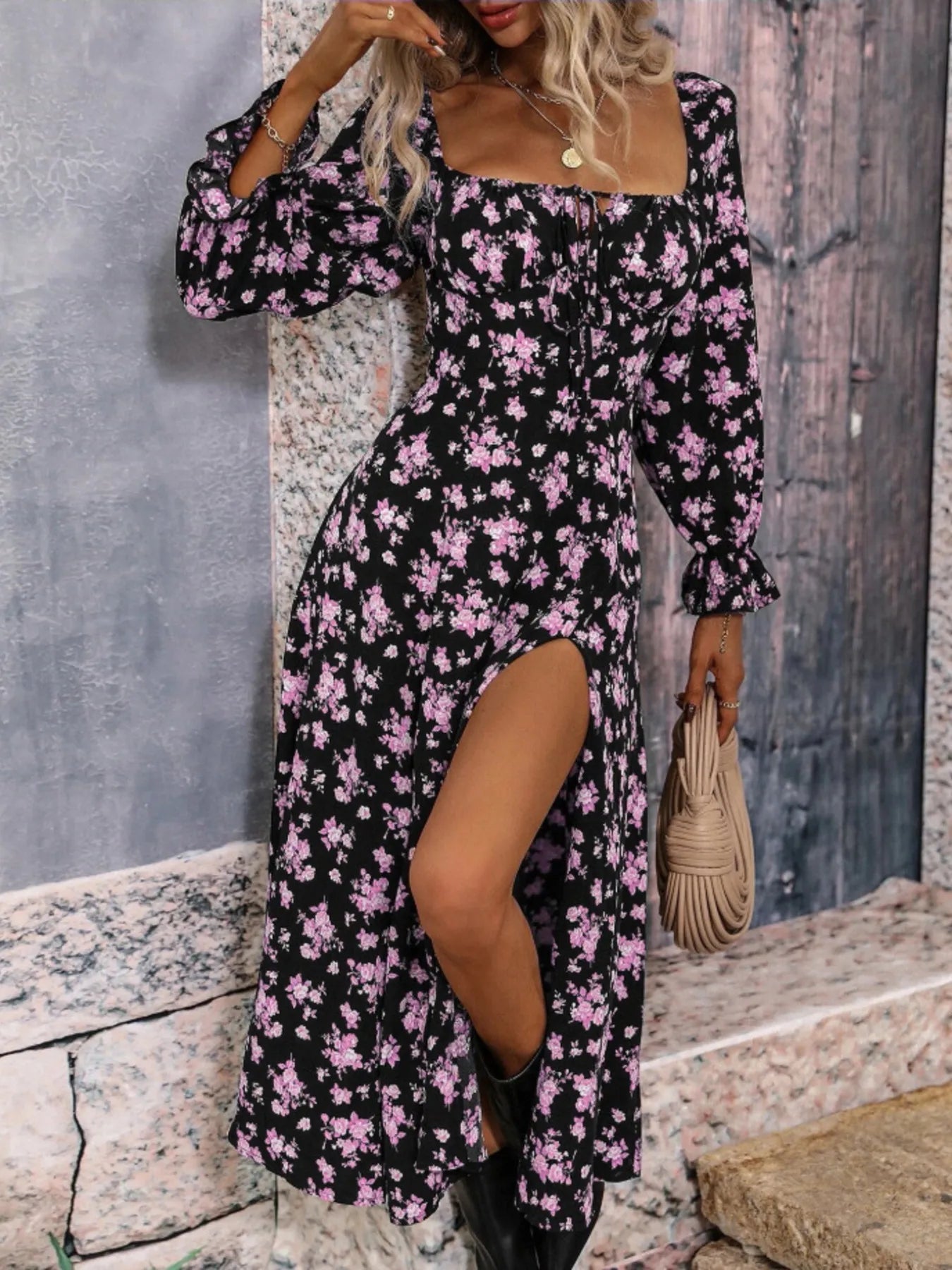 Grazia Timeless Square Neck Dress with Ruffle Sleeves and Floral Print Everyday Luxe Edit