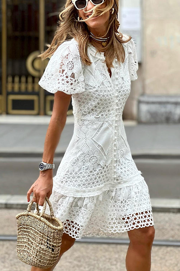 Gilda Effortless Sweet Valor Crochet Lace Mini Dress with Puff Sleeves and Buttons Elevated Occasion Wear