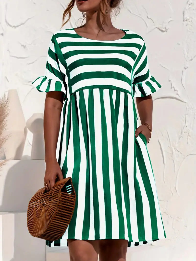 Navy Striped Summer Dress with Short Sleeves - M / Red - navy blue striped dress