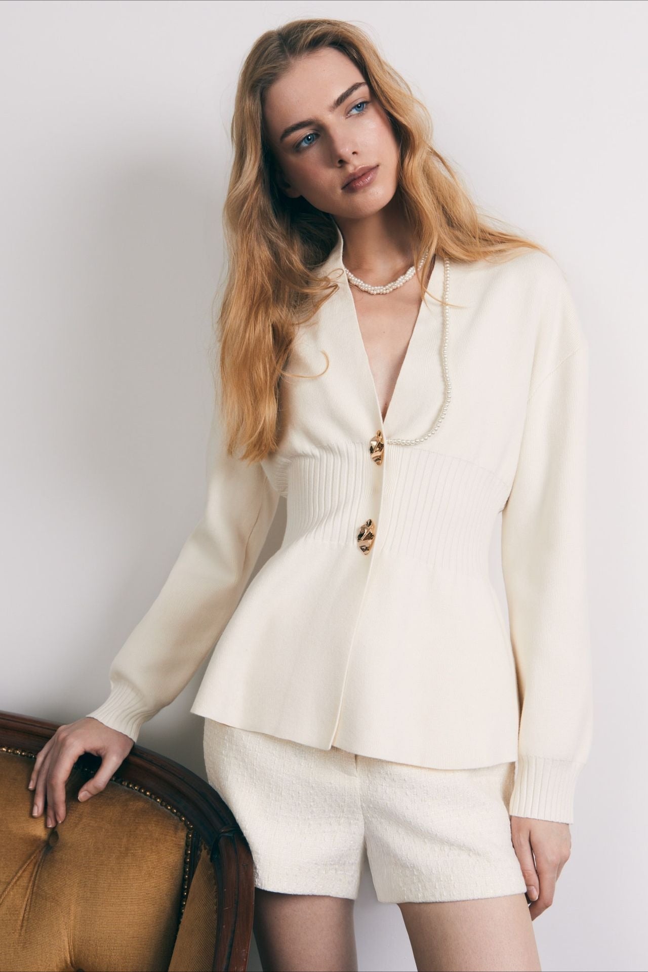 V Neck Long Sleeve Metal Button Split Hem Cardigan