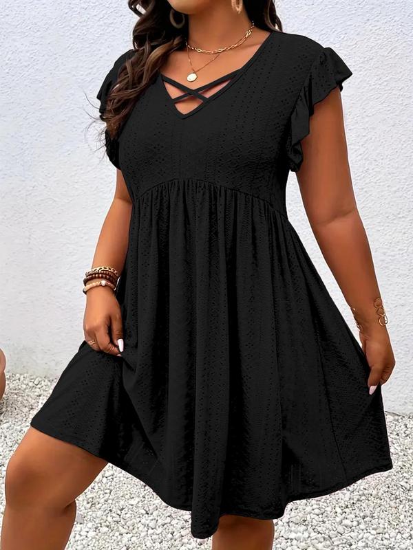Crisscross V-Neck Flutter Sleeve Eyelet Babydoll Mini Dress
