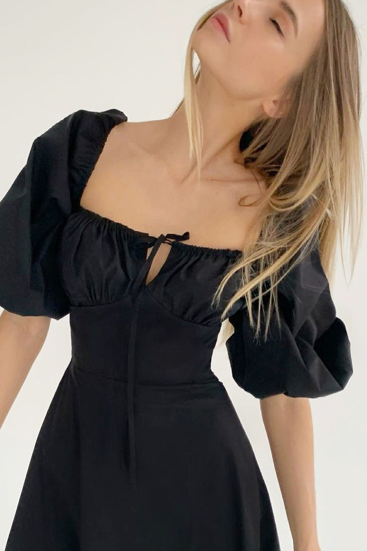 White Tie Waist Puff Sleeve Mini Dress