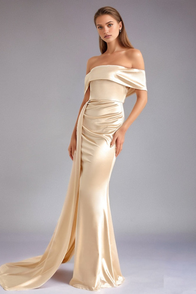 Solid Satin OffShoulder Strapless High Waist Formal Dress