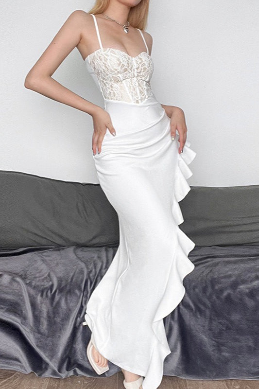 White Lace Ruffle Hem Bodycon Dress 4