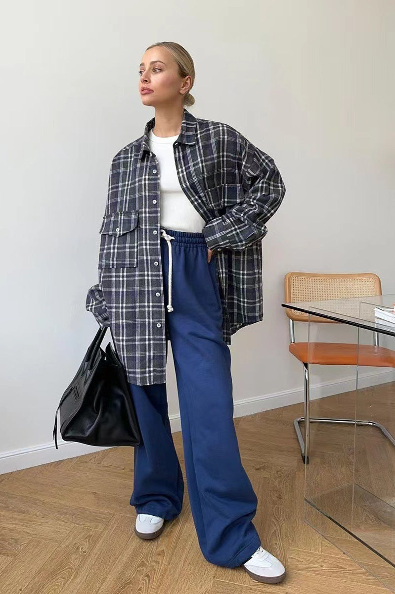 Vintage American Plaid Double-Pocket Mid-Length Blouse