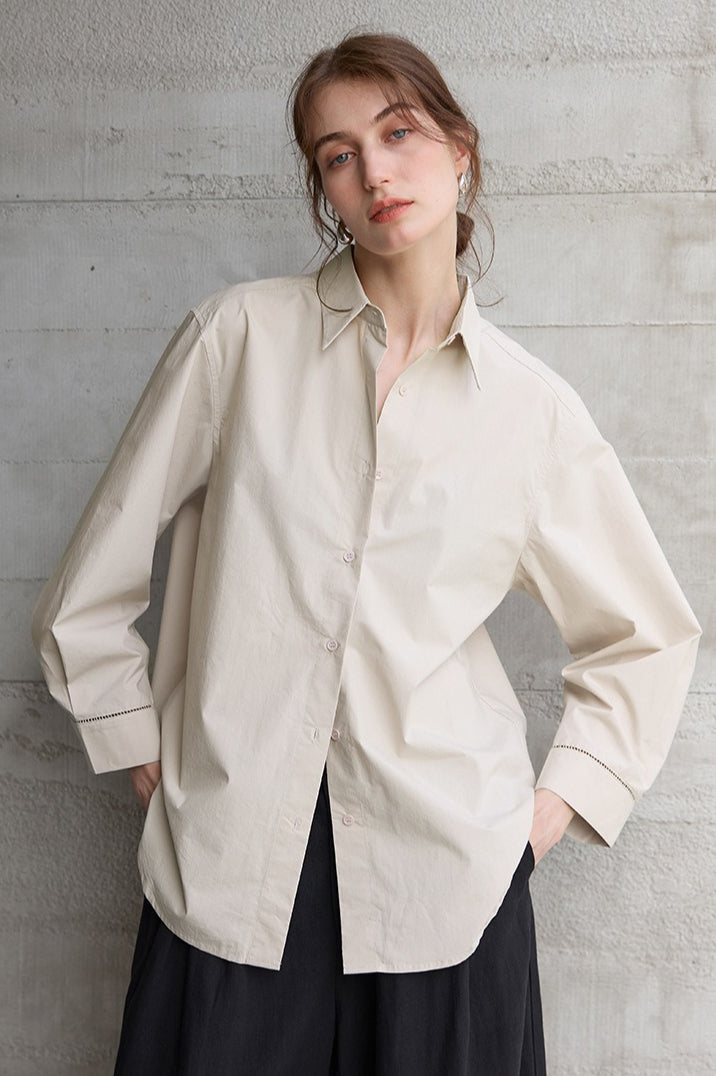 White High-Density Cotton Long-Sleeve Collared Blouse