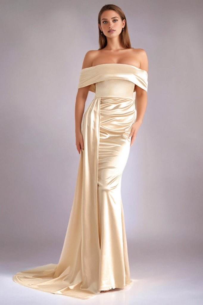 Solid Satin OffShoulder HighWaist Mermaid Silk Dress