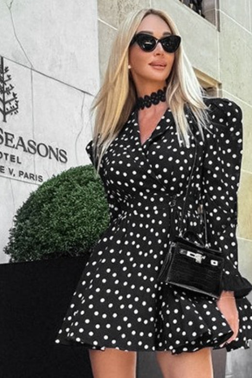 V-Neck Puff Sleeve Polka Dot Mini Dress