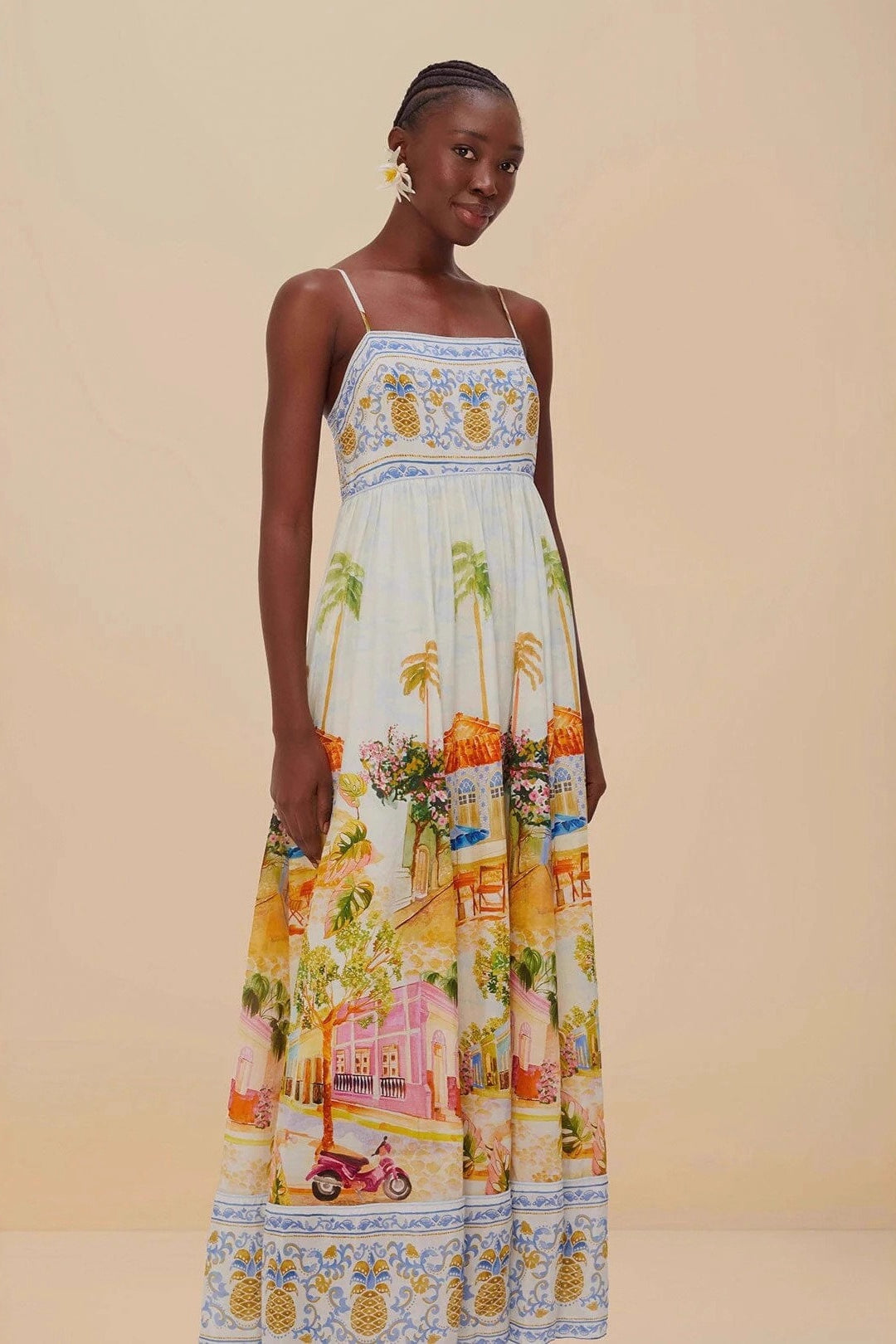 Linen Floral Print Midi Slip Dress