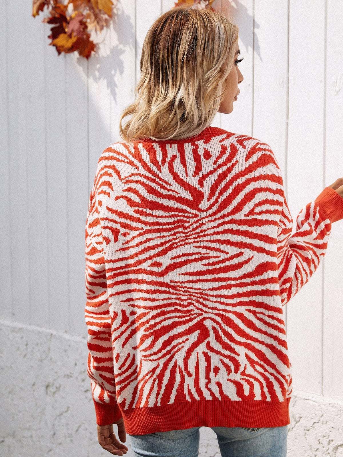 Round Neck Zebra Print Button Up Long Sleeve Knit Cardigan 6