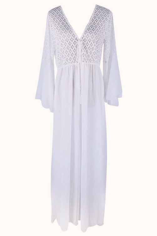 White Deep V Neck Crochet Bodice Bell Sleeve Pleated Maxi Dress 3