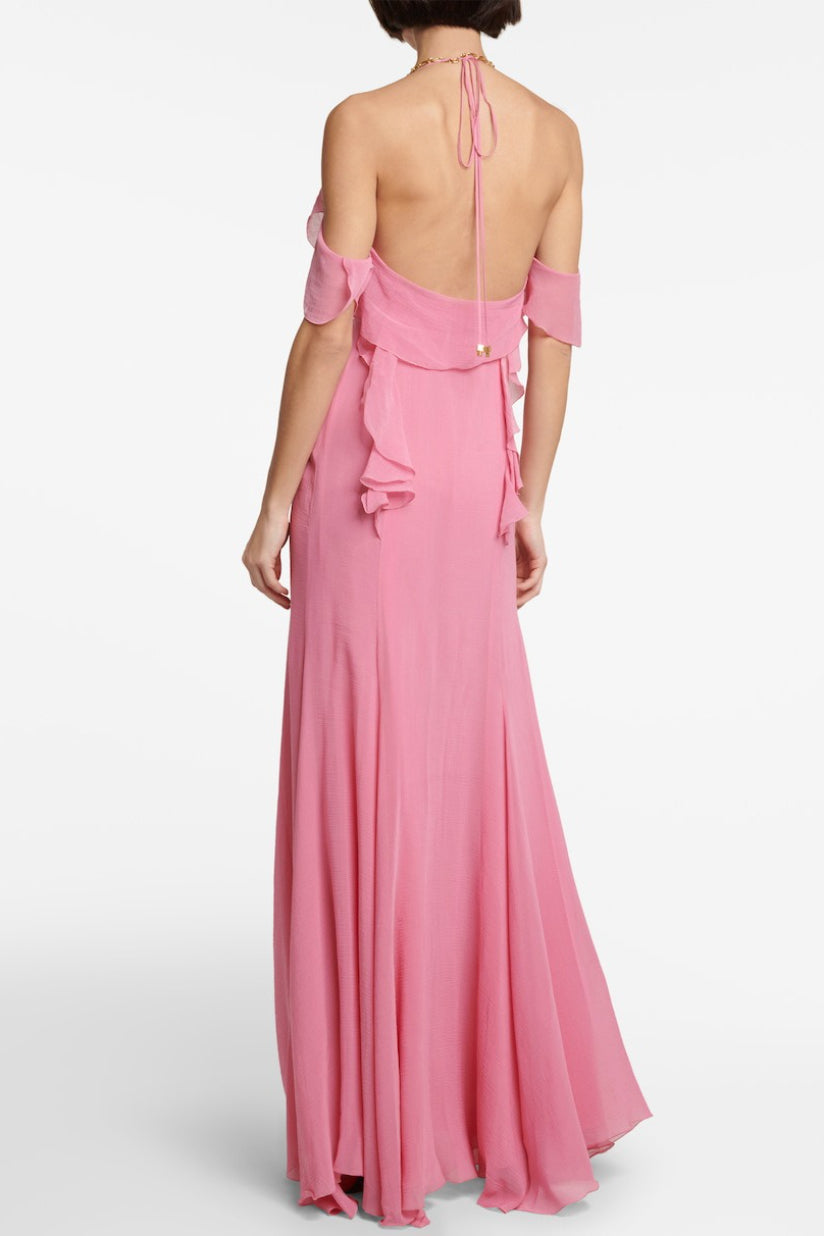 Side Slit Halter Backless Flounce Maxi Slip Dress