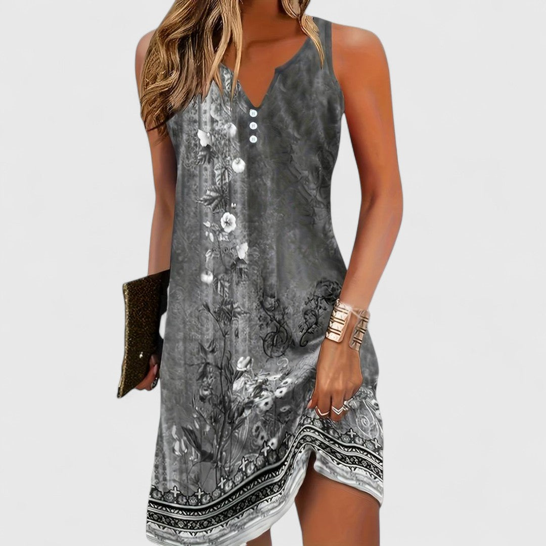 Split V-Neck Button Front Sleeveless Shift Mini Dress