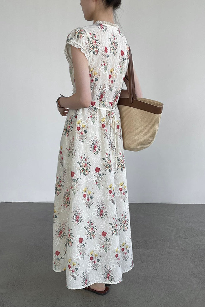 Elegant V Neck Embroidery Waist Long Floral Dress