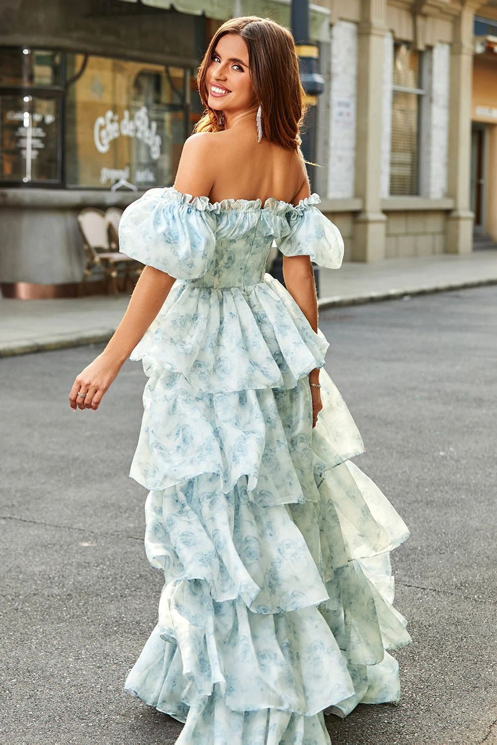 Blue Off Shoulder Ruffle Corset Bodice Tiered Ruffle Floral Print Maxi Dress 3
