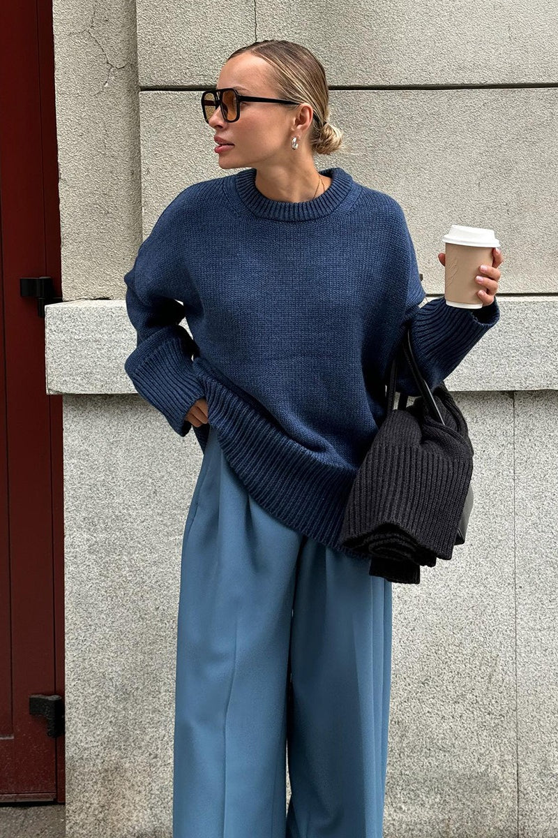 Classic Solid Crew Neck Relaxed Knit Sweater