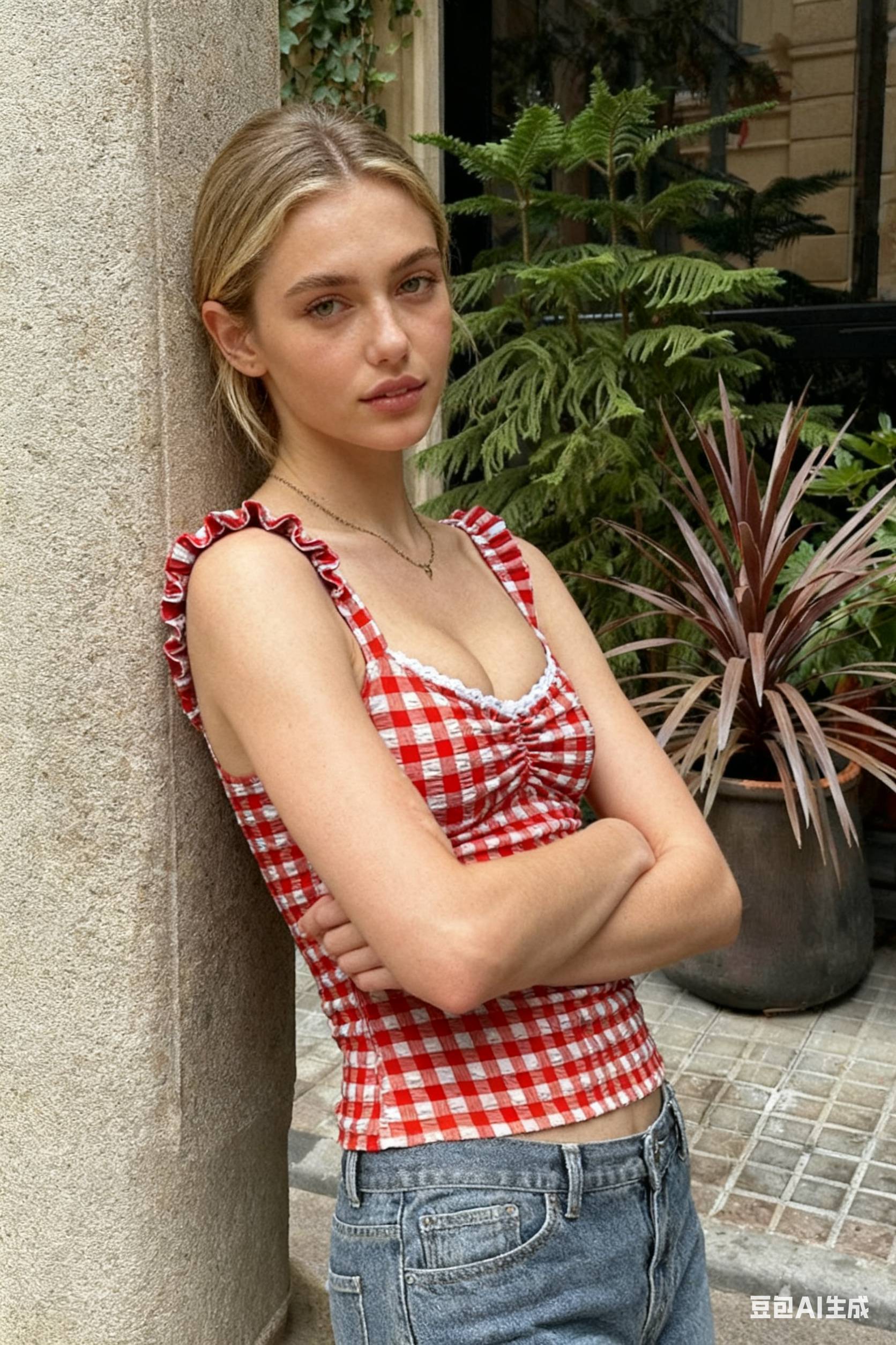 Plaid Lowcut Lace Backless Strap Tank Crop Top