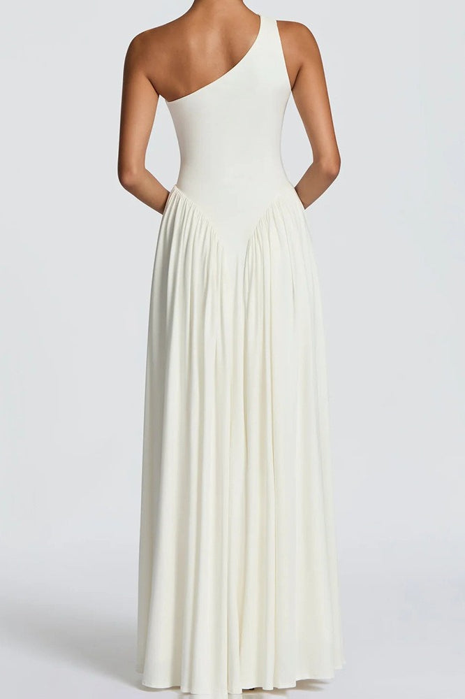 Solid One Shoulder Ruched Maxi A Line Party Dress