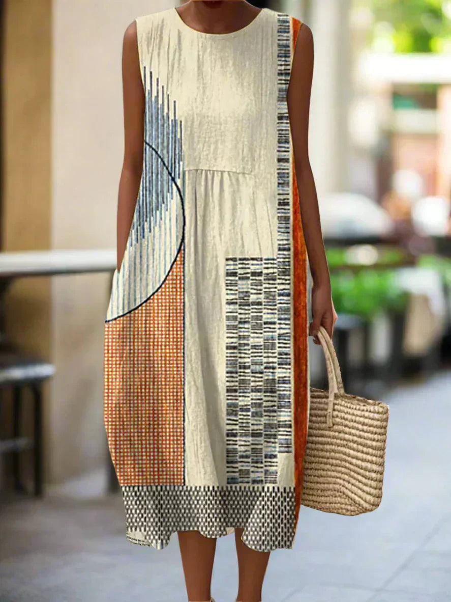 Round Neck Geometric Colorblock Sleeveless Pocket Midi Dress 2